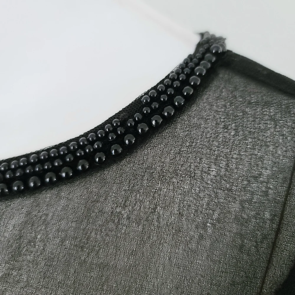 ZARA Black Sheer Lace Tee XS Beaded Neckline Mesh Nylon Punk Goth Sexy Top